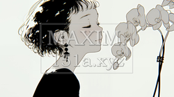 蘭の花と若い女性（シンプルな色使い）