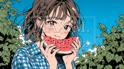 スイカを縁側で食べている若い女性