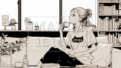 リビングで紅茶を飲んでいる女性（シンプルな色使い）