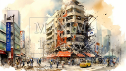 都市を直撃する地震：都市直下型地震の水彩画 | 9958444-18397