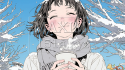 寒い冬、温かい飲み物を手にして、ふっと幸せそうに微笑む若い女性