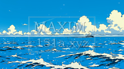 夏の青い空と青い海と白い雲のコントラスト