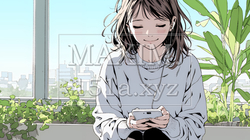 楽しそうにスマホ画面を眺めている若い女性
