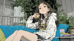 ポテトチップスをつまみながら、ひとりでビデオを観る若い女性