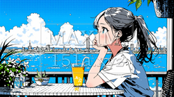 海辺の喫茶レストランで飲み物を飲んでいる若い女性