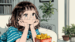 ポテトチップスをつまみながら、ひとりでビデオを観る若い女性