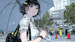 雨の日に傘をさして歩く若い女性