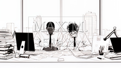共同で企画書をまとめているビジネスパーソン（シンプルな色使い）