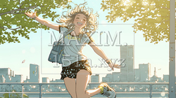 喜びにあふれ、軽やかにスキップする若い女性