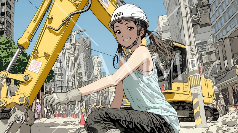 建設現場で重機を操作する若い女性