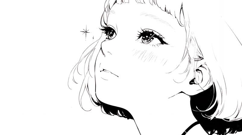 輝く瞳で見つめる好奇心旺盛な若い女性（シンプルな色使い）