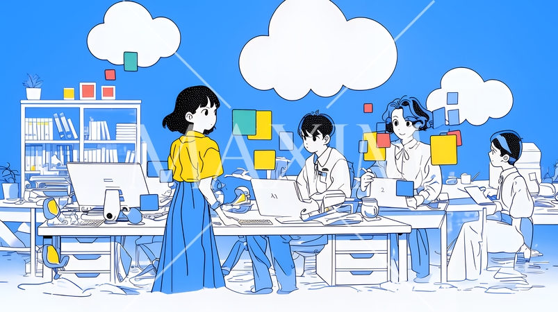 ITビジネスとクラウド技術のコンセプト｜ノートPCで働くチームとデータネットワークのイメージ