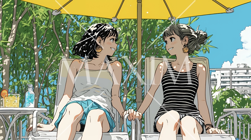 プールサイドのデッキチェアで談笑する女友達たち｜夏のリゾートで過ごすリラックスしたライフスタイルイメ