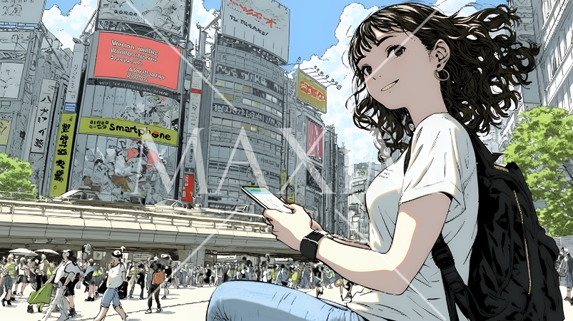 スマホの地図アプルを頼りに目的地に向かって歩いている女性：歩きスマホ