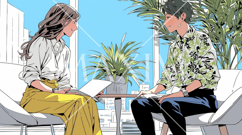 企業で若い女性社員と男性社員が打合せをしている