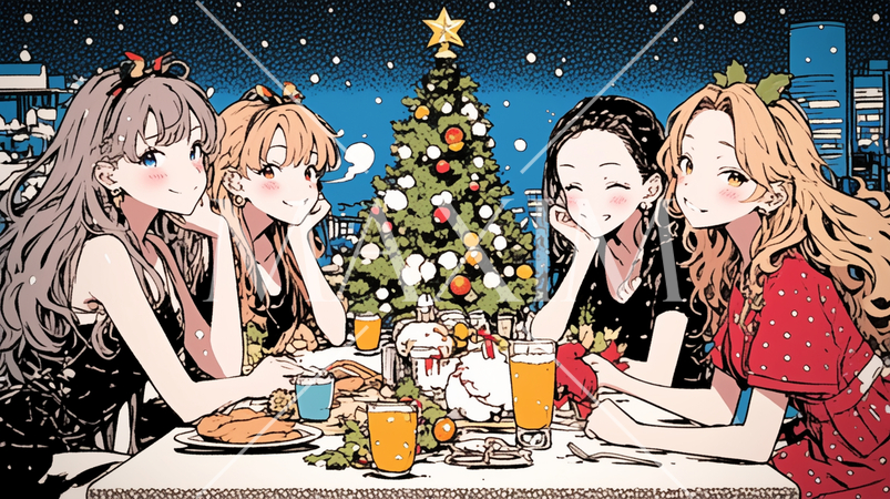 クリスマス女子会：クリスマスツリーを前で飲んで食べて大はしゃぎ