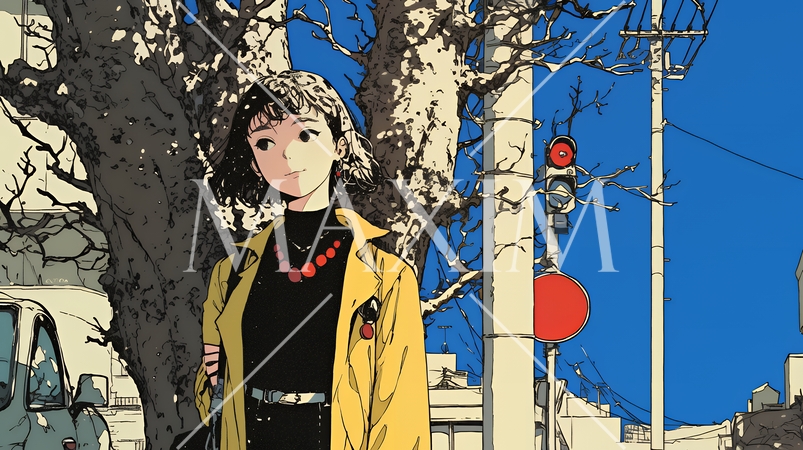 冬枯れの街を歩く若い女性