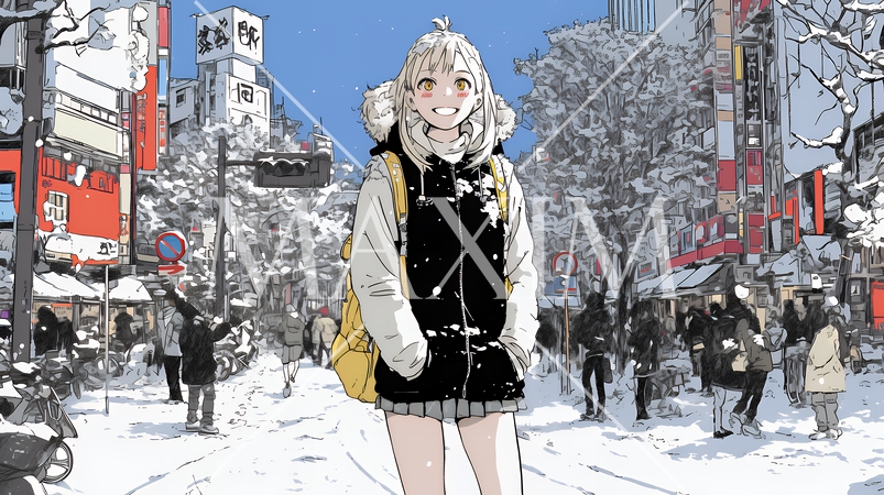 雪の積もる冬の都会を散策している若い女性