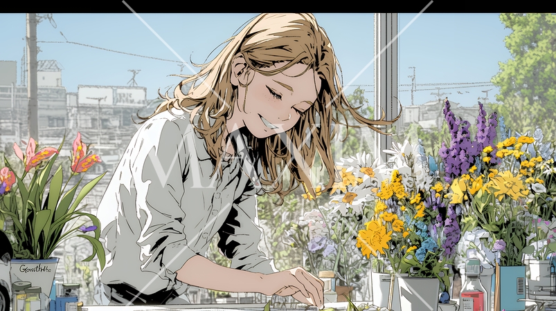 おもてなし（優しい心遣い）：来客のために花瓶に花を生ける若い女性