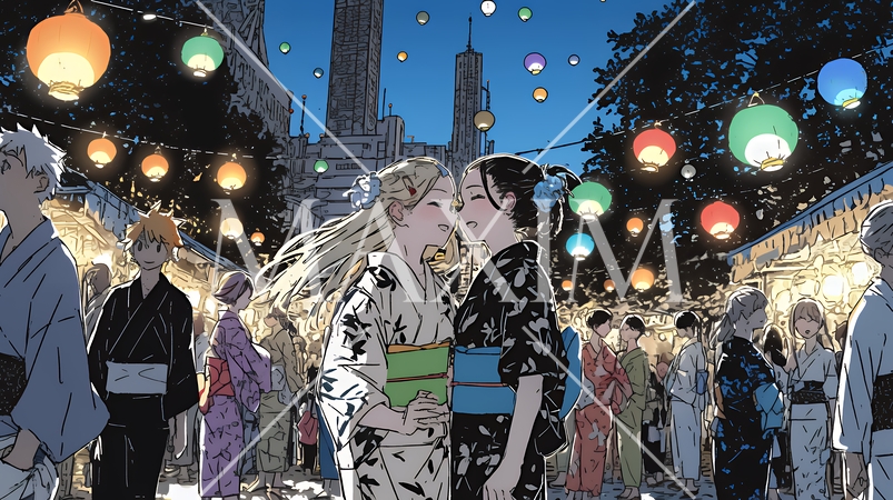 縁日屋台が立ち並び、賑わいを見せる祭りの夜