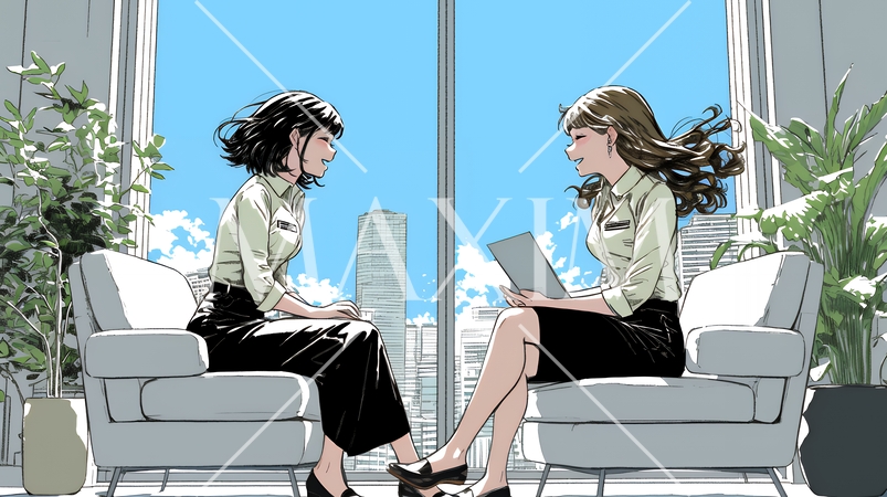 二人でミーティング（面談・インタビュー・会議）の場面
