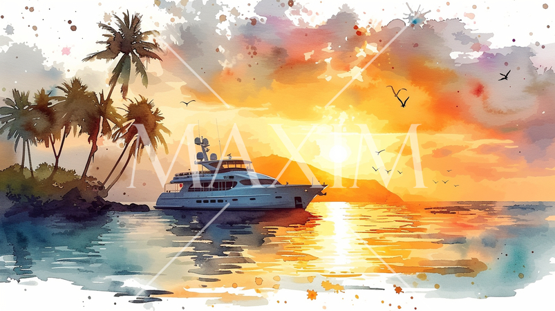 南洋の孤島とヨットと夕日：水彩画