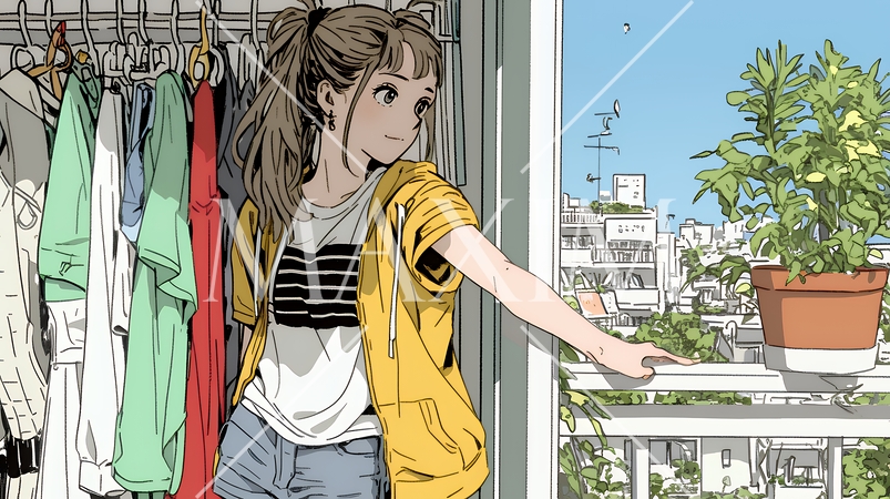 着ていく服をクローゼットから選ぶ若い女性