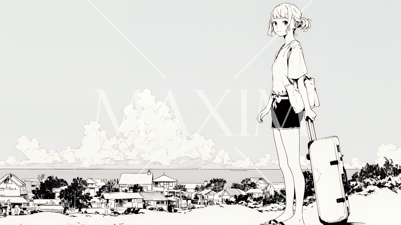 一人旅の若い女性と夏のビーチの風景（シンプルな色使い）