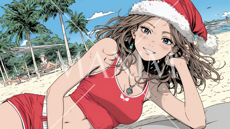 真夏（南半球）のビーチで活動中の女性のサンタクロース