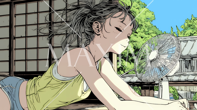 暑い夏の昼下がり、扇風機にあたって涼んでいる若い女性