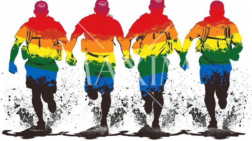 LGBT：虹色のボーダーの屈強な男たちが手をつないで走り寄って来る姿で表現