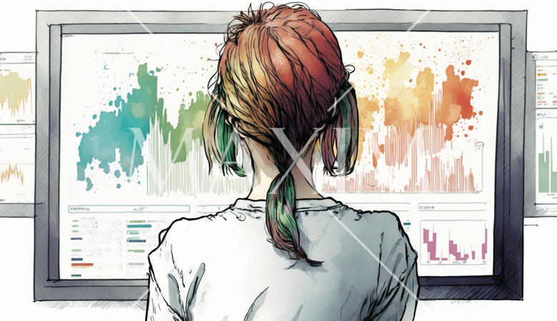 モニターに表示された株価チャートと注文画面を見つめる女性トレーダーの後ろ姿。