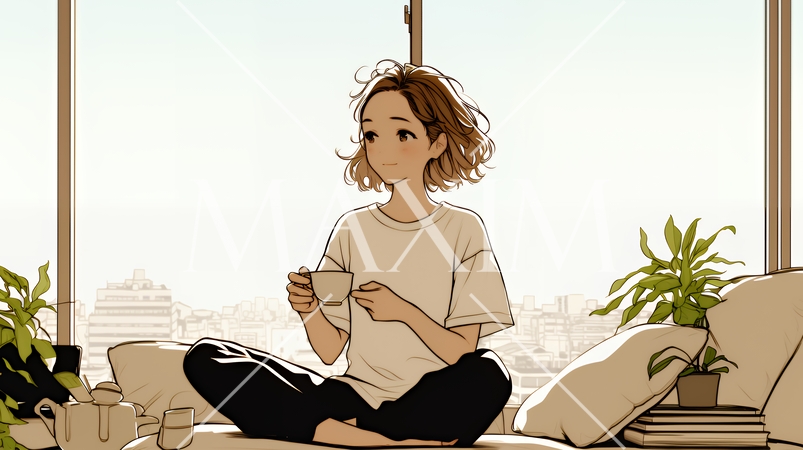 リビングで紅茶を飲んでいる女性（シンプルな色使い）