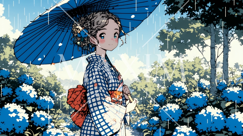 あじさいの小径を和服で歩く若い女性