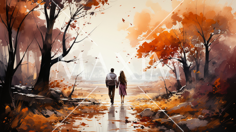 秋の紅葉の雑木林を散歩する恋人達：水彩画