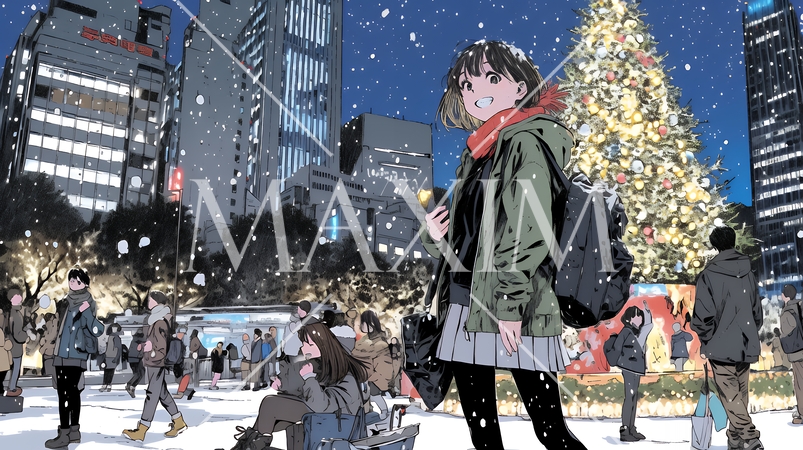 クリスマスイルミネーションが美しい街を散策する若い女性