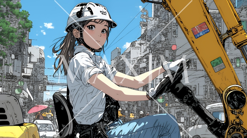 建設現場で重機を操作する若い女性