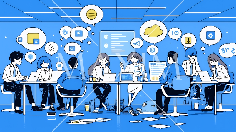 ITビジネスとクラウド技術のコンセプト｜ノートPCで働くチームとデータネットワークのイメージ