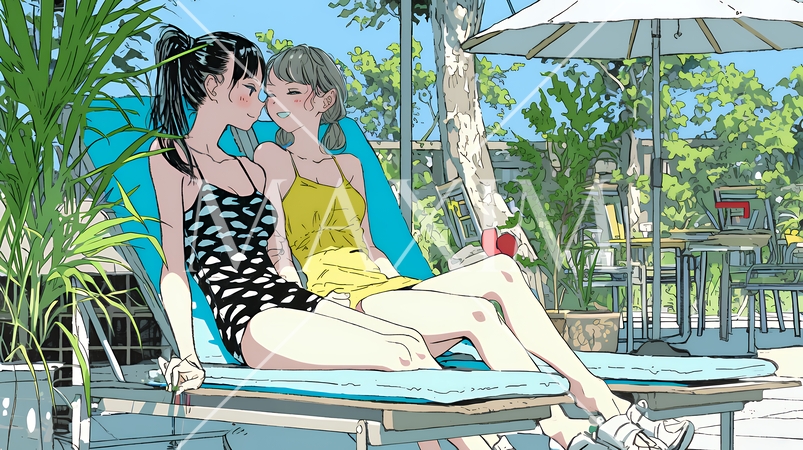 プールサイドのデッキチェアで談笑する女友達たち｜夏のリゾートで過ごすリラックスしたライフスタイルイメ