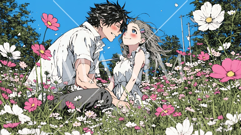 コスモス畑でデートをしている若いカップル