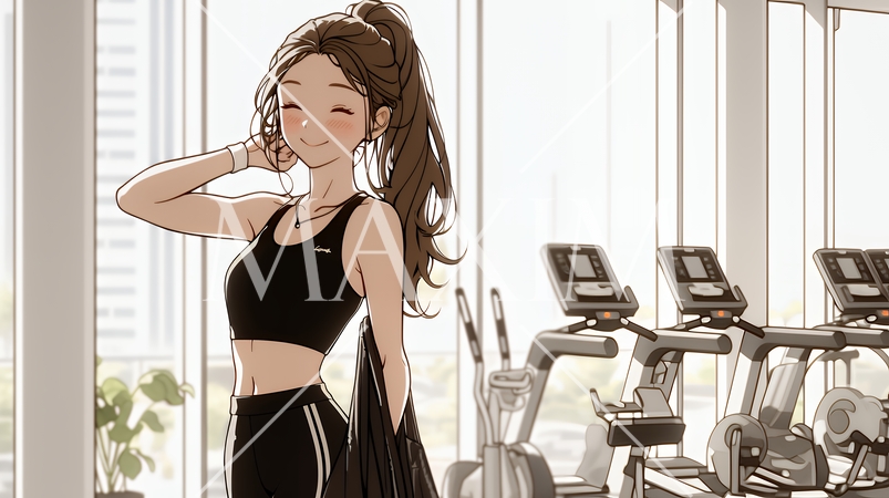 休日にジムで軽く運動する若い女性（シンプルな色使い）