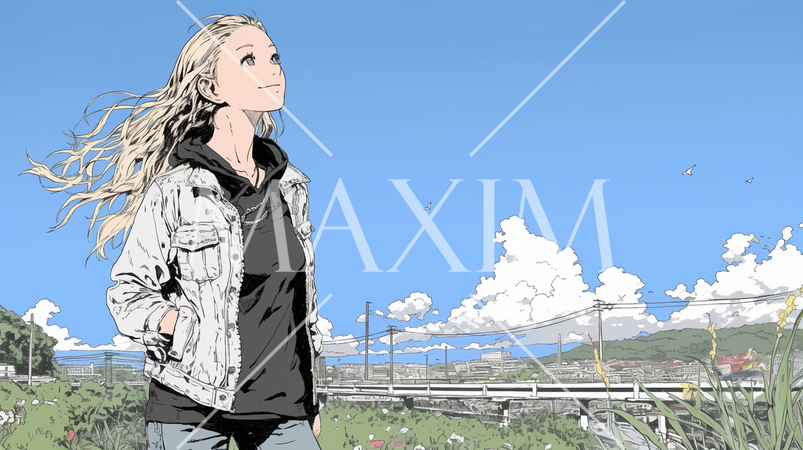 遠くの空を見つめている若い女性