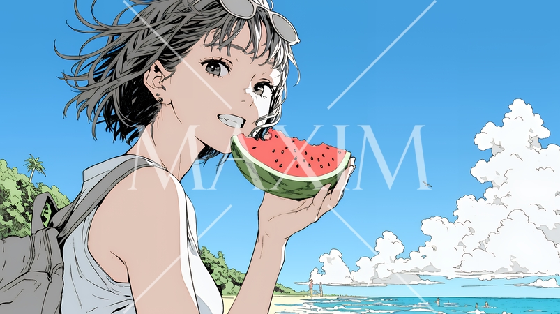 スイカを海辺て食べている若い女性