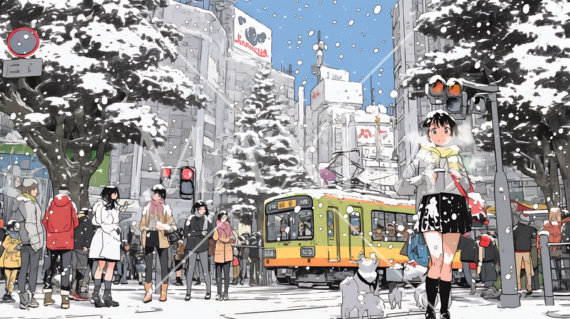 雪の積もる冬の都会を散策している若い女性