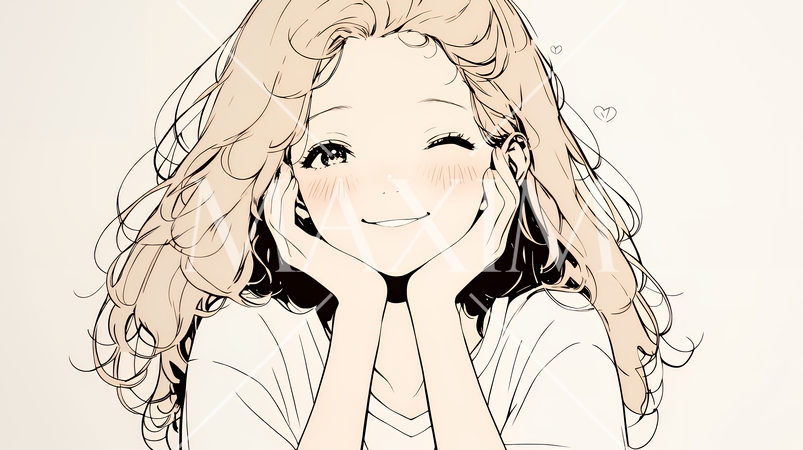 「うふふ」と微笑んでいる若い女性（シンプルな色使い）