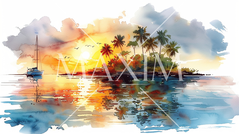南洋の孤島とヨットと夕日：水彩画