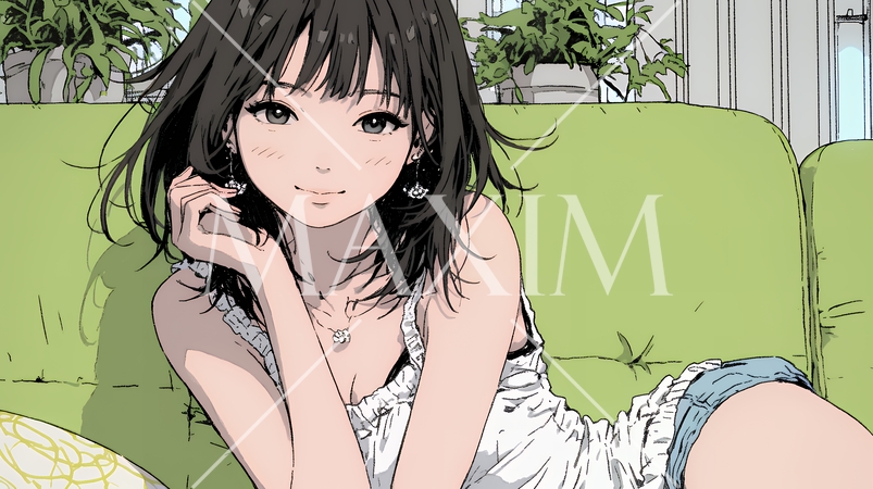 ソファーでくつろいでいる若い女性