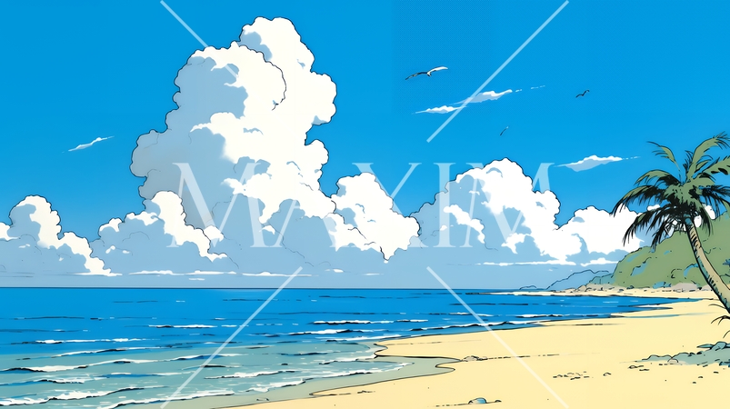 やしの木と海岸と海と青空がきれいな南国のリゾート：コピースペースあり