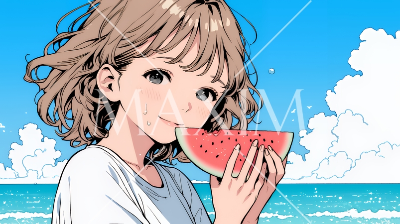 スイカを海辺て食べている若い女性