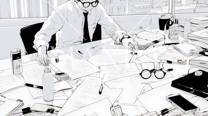 綿密なビジネス戦略を練っている男性（シンプルな色使い）